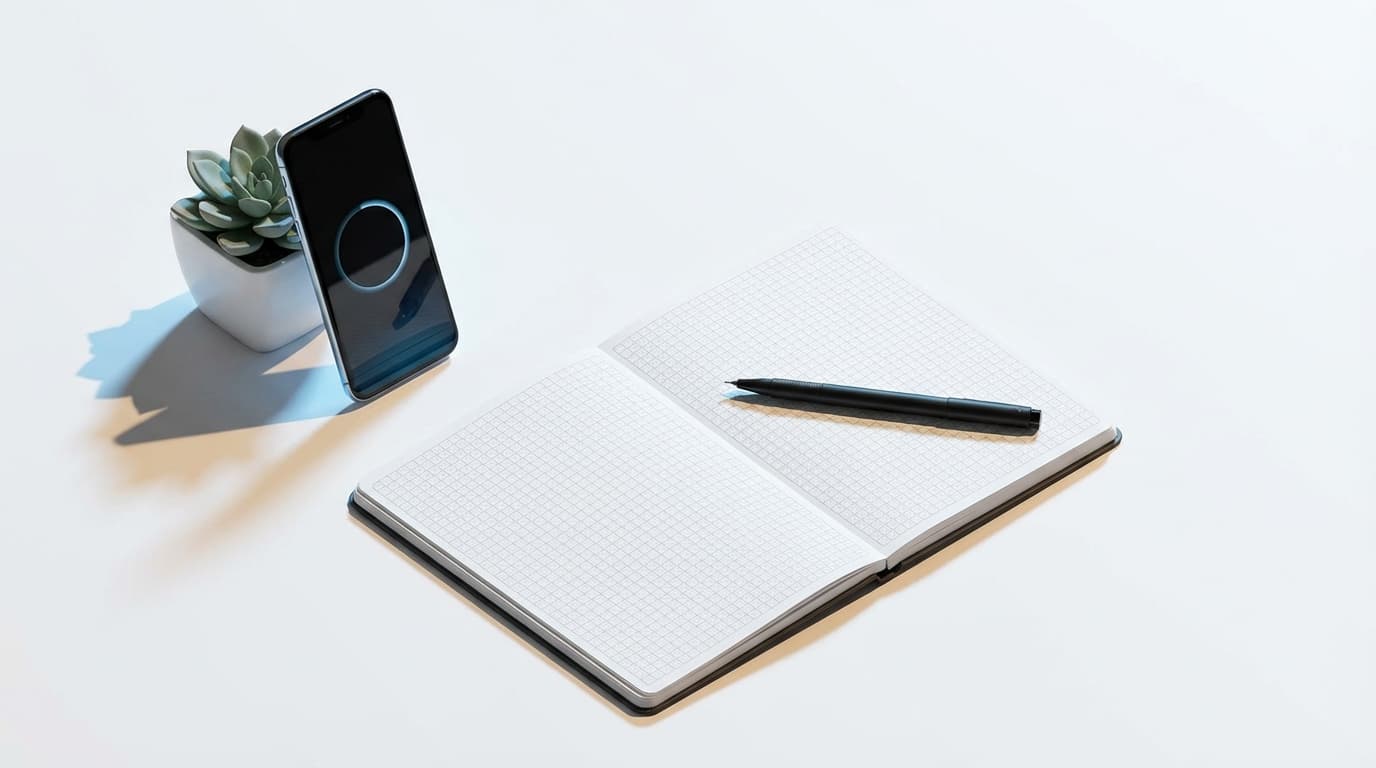 Tablet showing an AI roadmap beside a notebook and smartphone