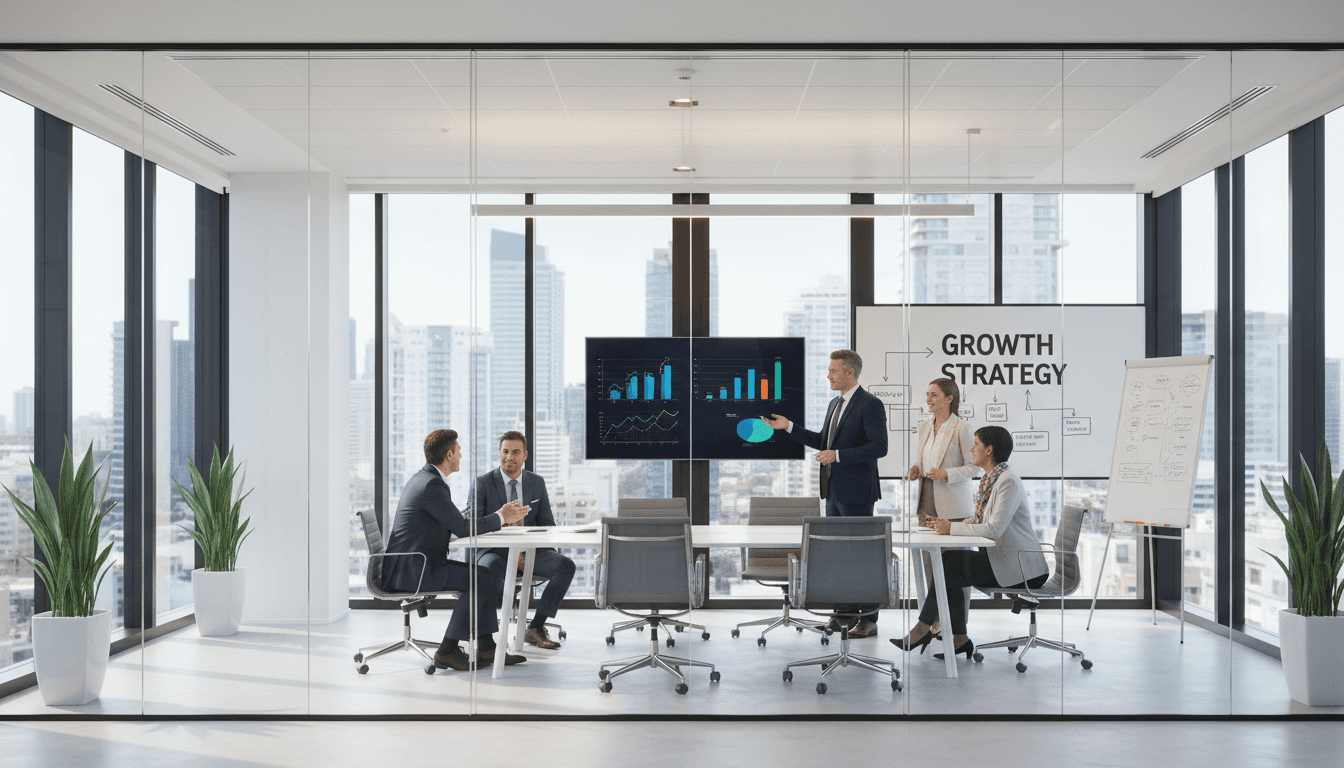 Consultant discussing strategy with executives in a glass meeting room