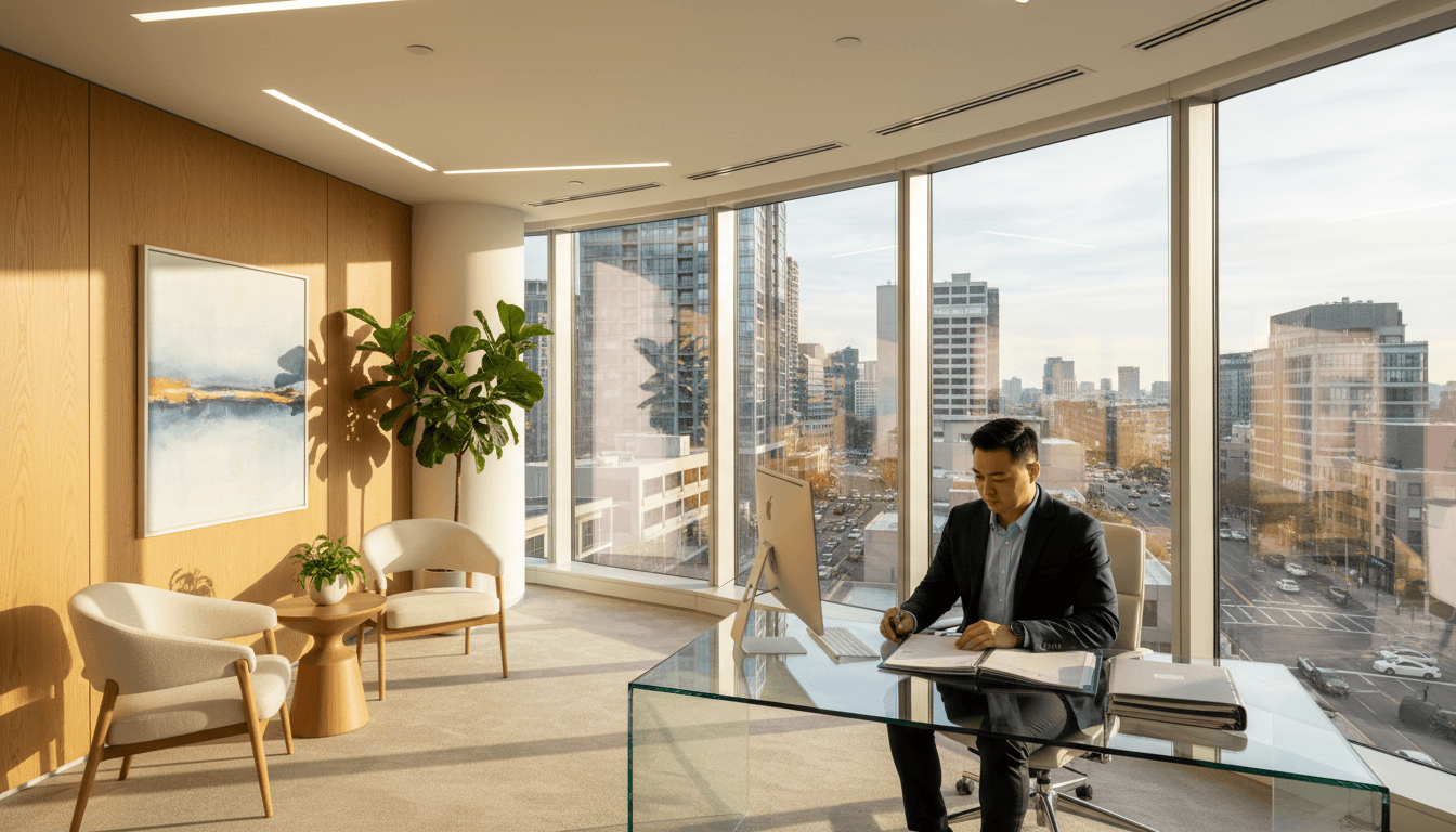 Senior consultant reviewing strategy papers in an elegant Dubai office with the skyline visible through the window