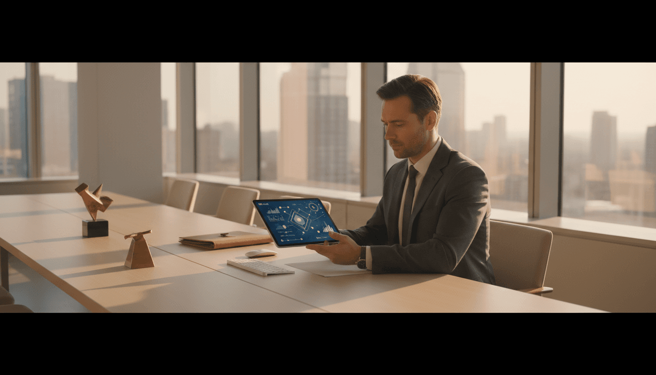 Consultant reviewing a strategic plan with a client at a Dubai office lounge